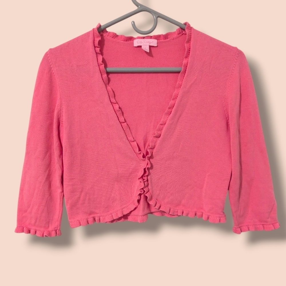 Lilly Pulitzer Girls Hot Pink Ruffle Trim Cotton V-Neck Knit Cardigan SM Kids